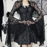Vintage Gothic  Black Lace T-shirt Women Streetwear Flare Sleeve See Through Sexy Smock  Top Elegant Aesthetic Cropped Tops